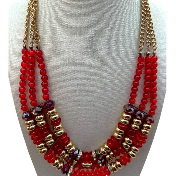 Vintage Napier Multi-Strand Red Bead & Gold-Tone Statement Necklace.  C14 - Picture 1 of 13